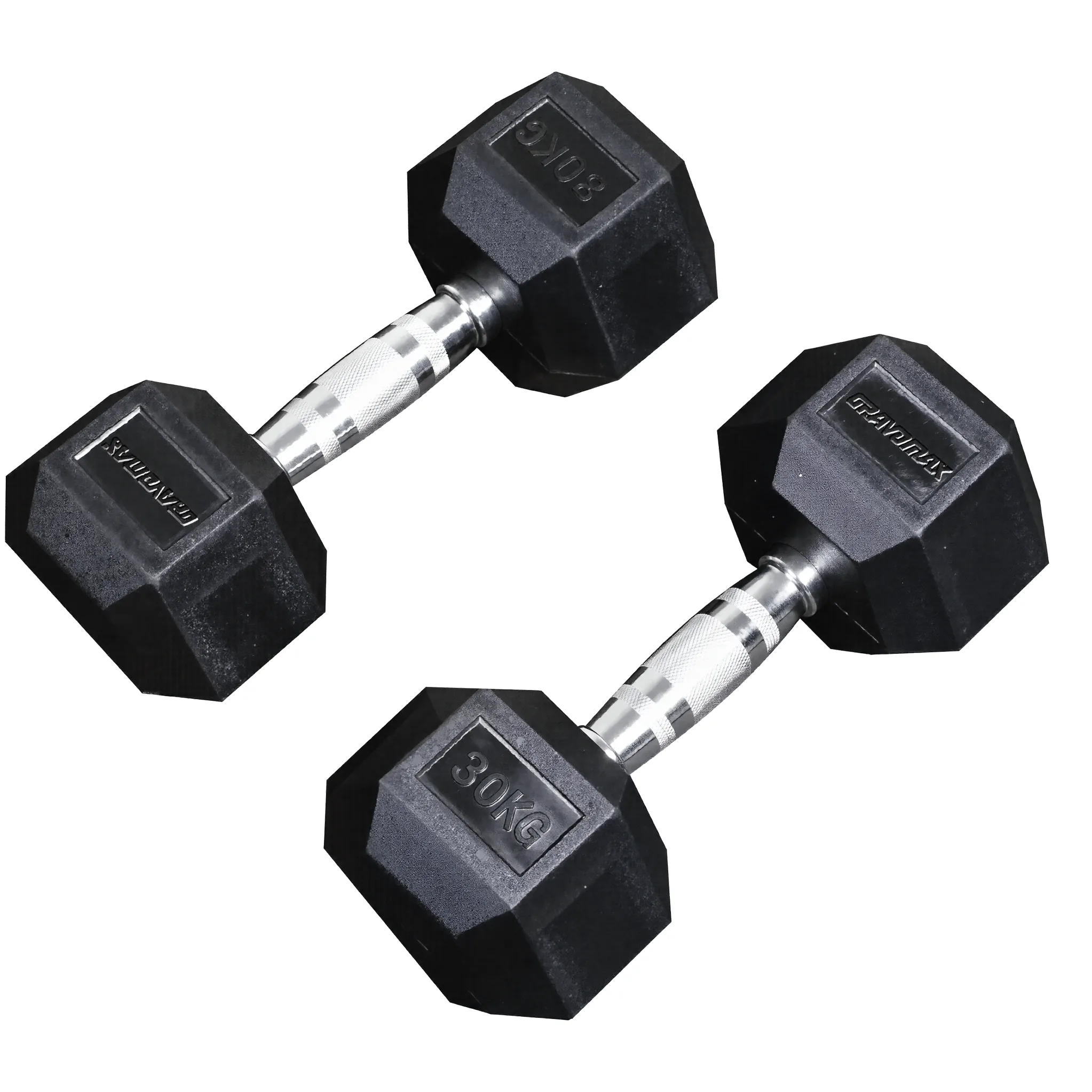 30KG Hex Dumbbells A pair GravoMax 30kg Rubber Hex Dumbbell