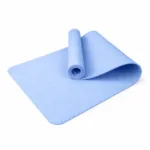 Light blue eco-friendly TPE exercise mat, rolled up.