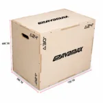GravoMax 3-in-1 wooden plyometric jump box size chart with 20, 24, and 30 inch height settings