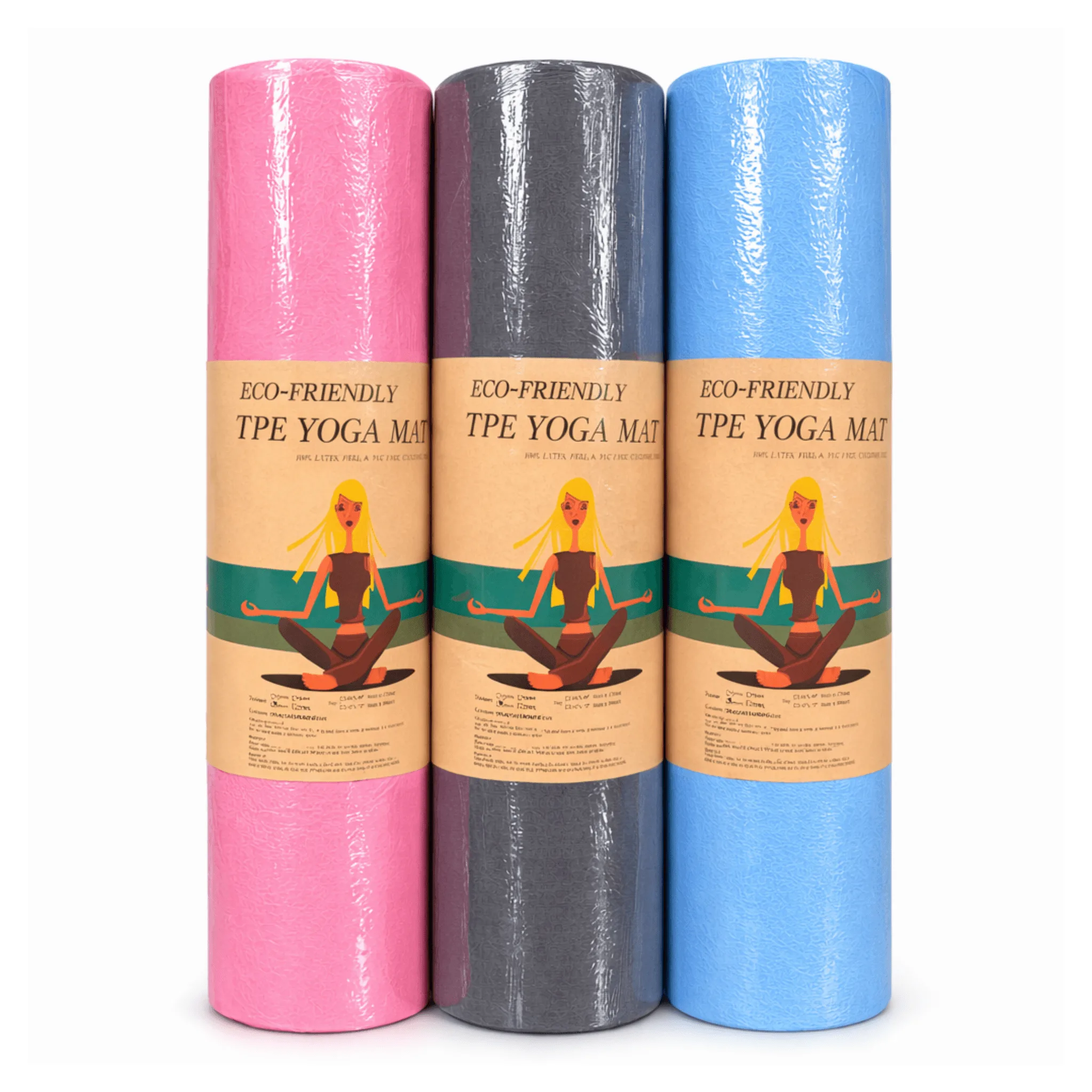 Yoga Mat Three rolled-up eco-friendly TPE yoga mats in pink, grey, and blue