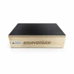 Back view of GravoMax wooden slant board showing the logo and safety warning label on the side.