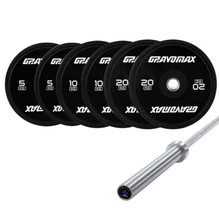 70KG Black Bumper Plates with Nova 20KG Barbell Set by GravoMax