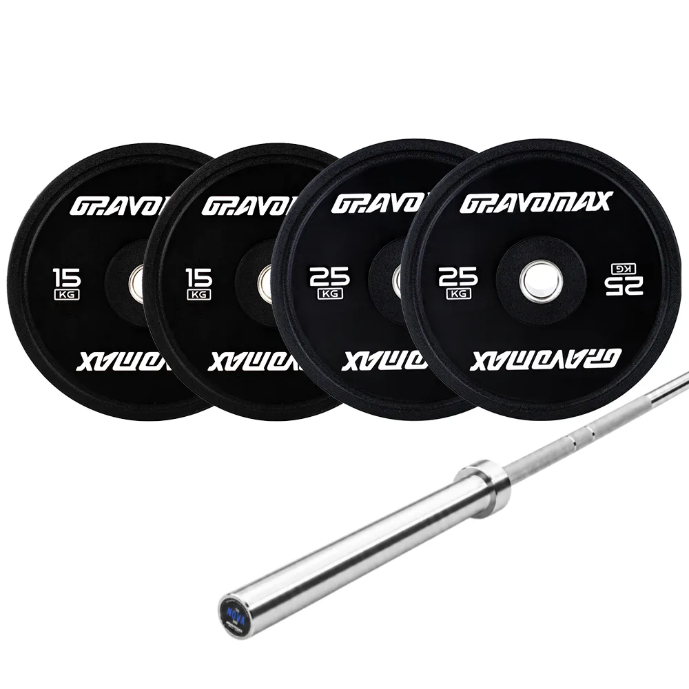 80KG Black Bumper Plates with Nova 20KG Barbell Set by GravoMax GravoMax 100kg Olympic barbell set with 80kg black bumper plates and 20kg Nova bar for New Zealand home gyms