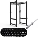 Power cage package NZ with 20kg Olympic barbell and 80kg bumper plates By Grav oMax Fitness