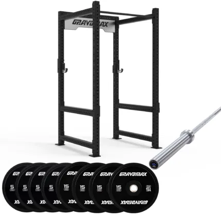 Power cage package NZ with 20kg Olympic barbell and 80kg bumper plates By Grav oMax Fitness