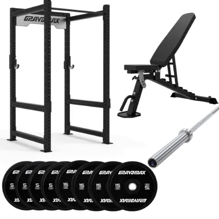 Power cage with bench package including GM90 rack FID bench barbell and 80kg plates GravoMax NZ