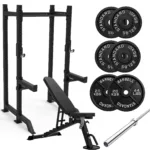 GravoMax GM80 half squat rack package with FID bench 20kg barbell and 80kg weight plates