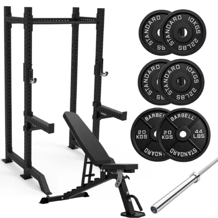 GravoMax GM80 half squat rack package with FID bench 20kg barbell and 80kg weight plates