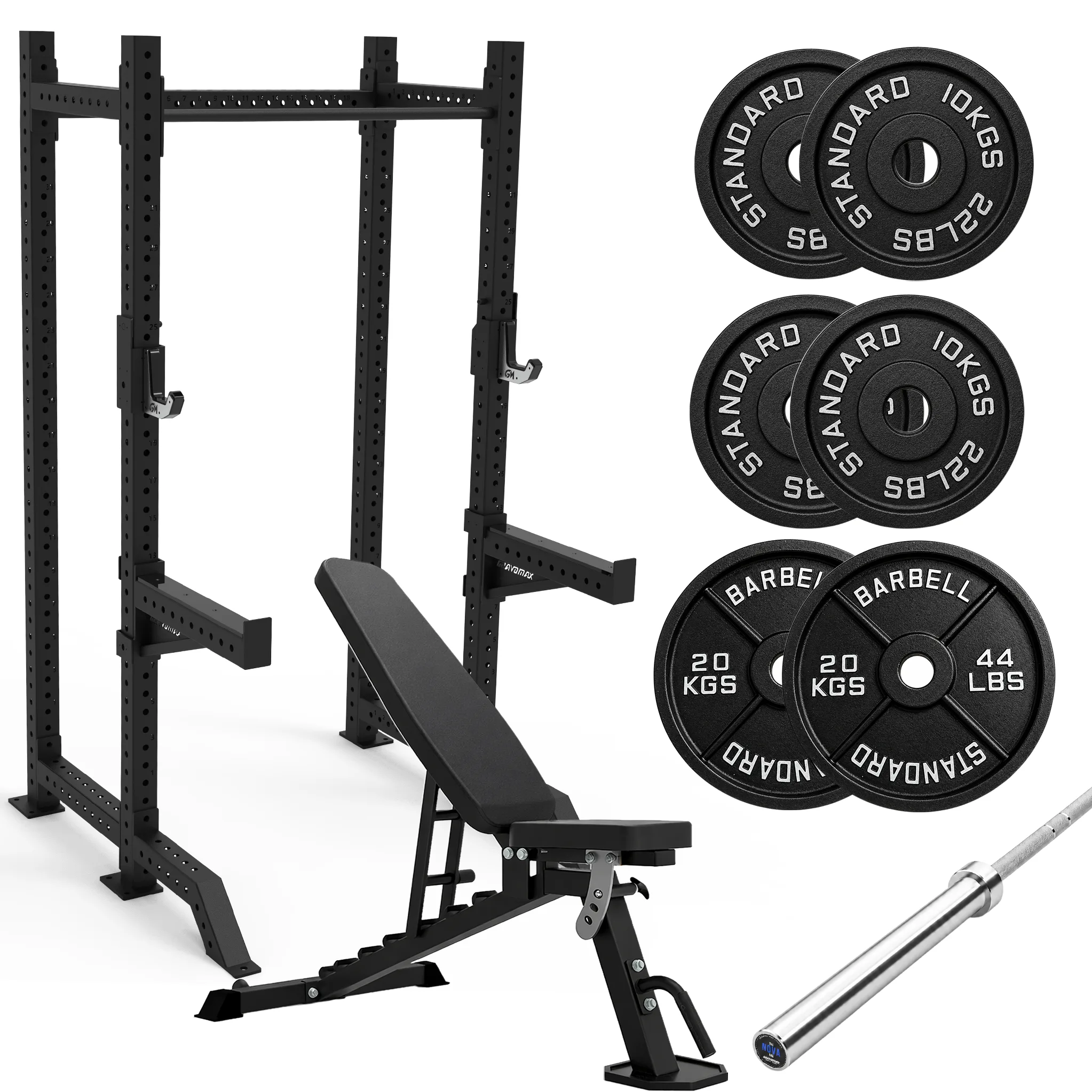 GravoMax GM80 half squat rack package with FID bench 20kg barbell and 80kg weight plates