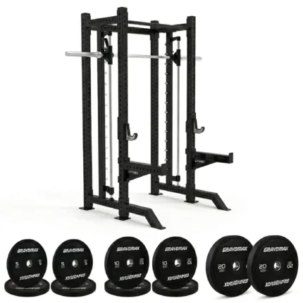 GravoMax commercial smith machine package including GM300 red rack and 100kg bumper plates New Zealand