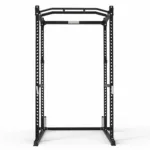 Steel squat rack cage with plate storage pegs, white background