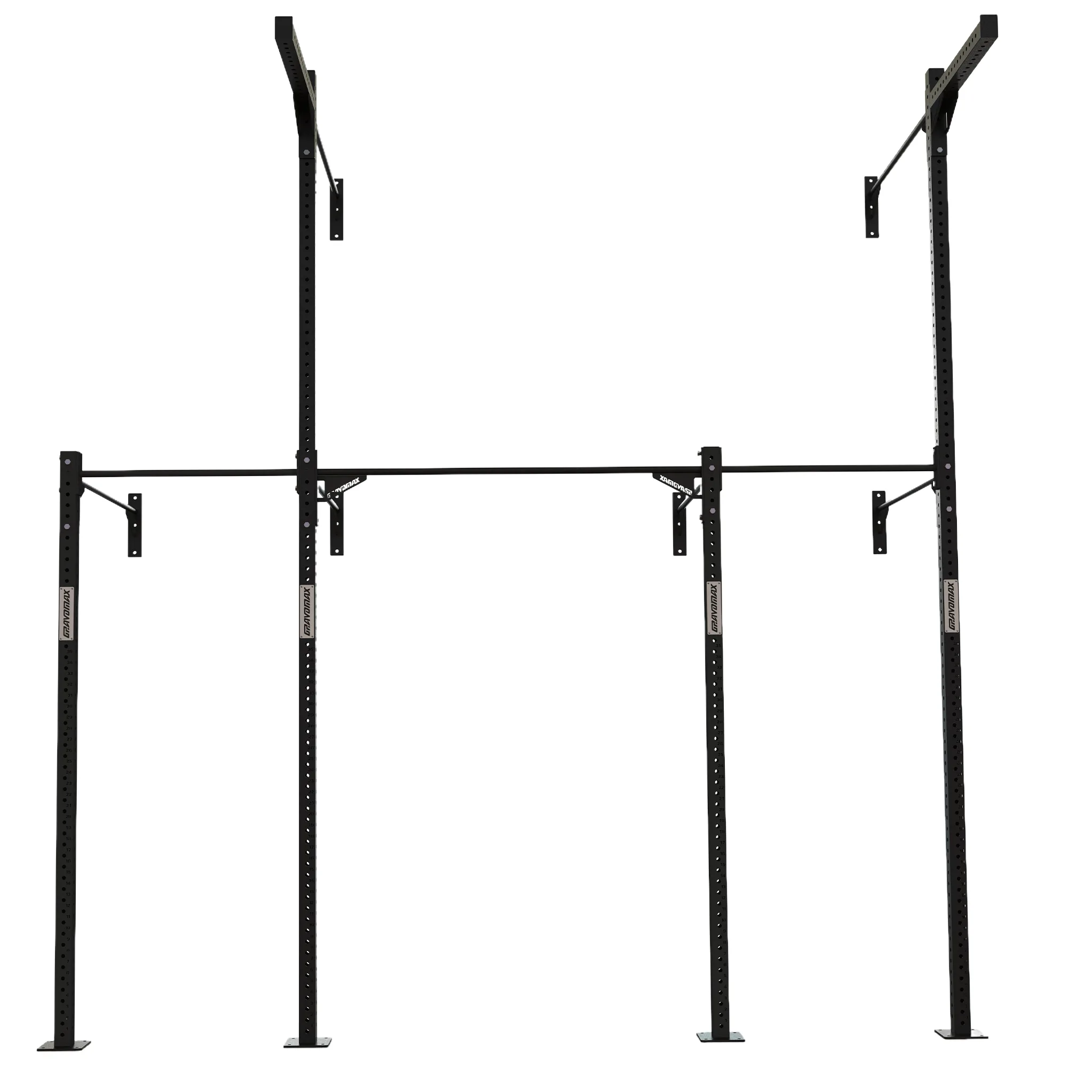 GM Rack Crafter two bay wall mounted rig, front view with pull up bar GravoMax 2 bay wall mounted mast rig featuring 4.5m tall uprights for group CrossFit classes New Zealand