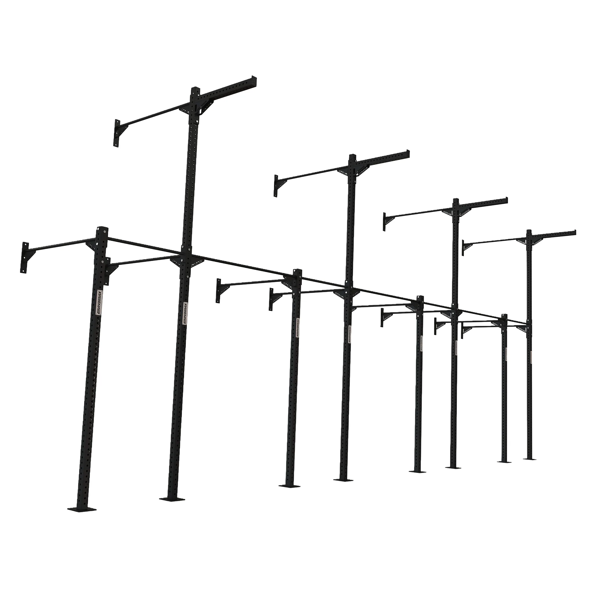 Side view of 4 bay pull up rig, wall mounted upright with angled top arm GravoMax 4 bay wall mounted mast rig featuring 4.5m tall uprights for large CrossFit teams New Zealand