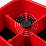 Anti-slip rubber foot detail on red aerobic step riser for stability and floor protection