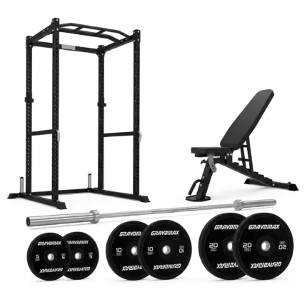 GravoMax complete home gym package with PR100 power cage, FID adjustable bench and 90kg barbell set for New Zealand