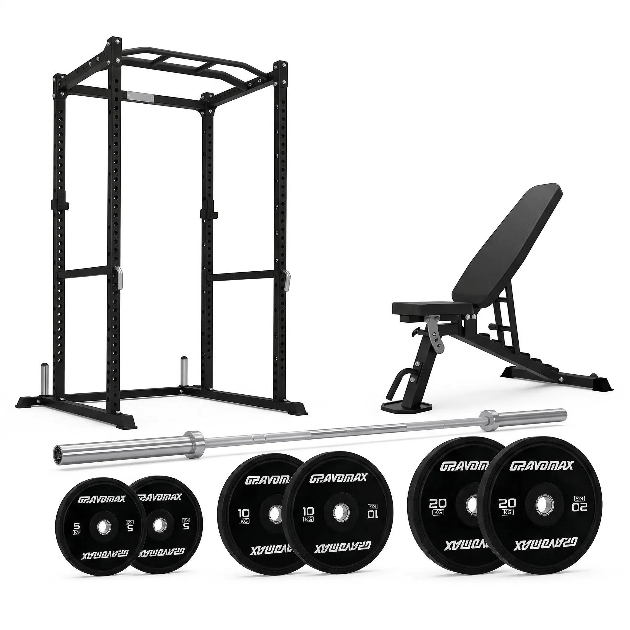GravoMax complete home gym package with PR100 power cage, FID adjustable bench and 90kg barbell set for New Zealand
