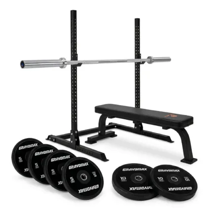 GravoMax complete home gym starter package featuring TS350 squat stand flat bench and 60kg barbell set New Zealand
