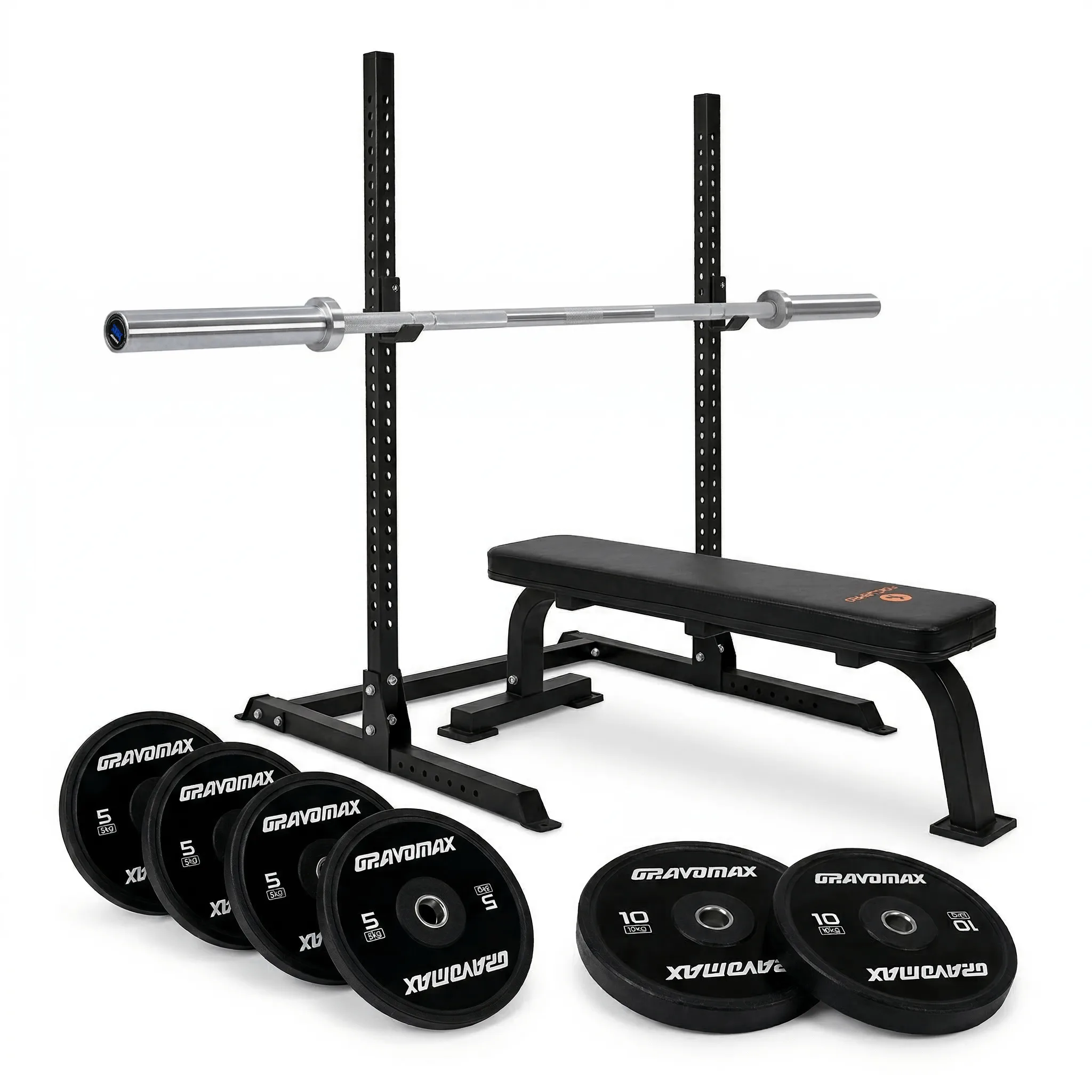 Squat Rack with flat bench and 60kg barbell set GravoMax complete home gym starter package featuring TS350 squat stand flat bench and 60kg barbell set New Zealand