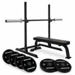 Squat Rack with flat bench and weightlifting barbell set