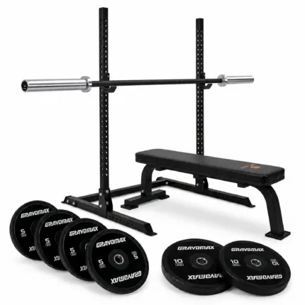 Squat Rack with flat bench and weightlifting barbell set