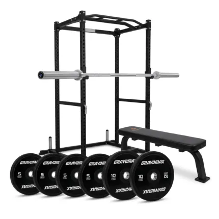 GravoMax complete home gym package with PR100 power cage, flat bench and 60kg barbell set for New Zealand