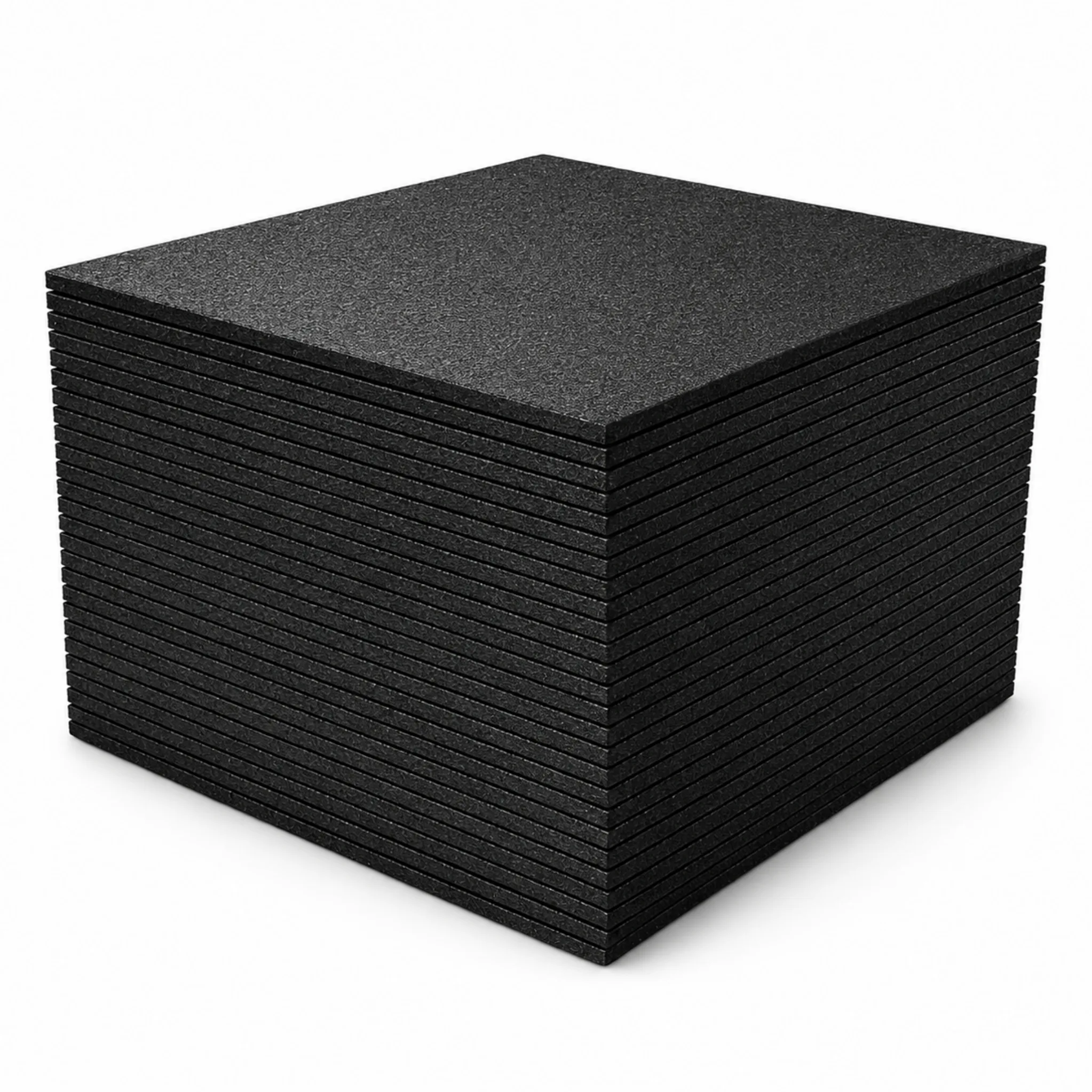 rubber mats 15mm 50 Package Stack of black rubber gym flooring tiles on a white background, showing layered edges and textured non-slip surface.