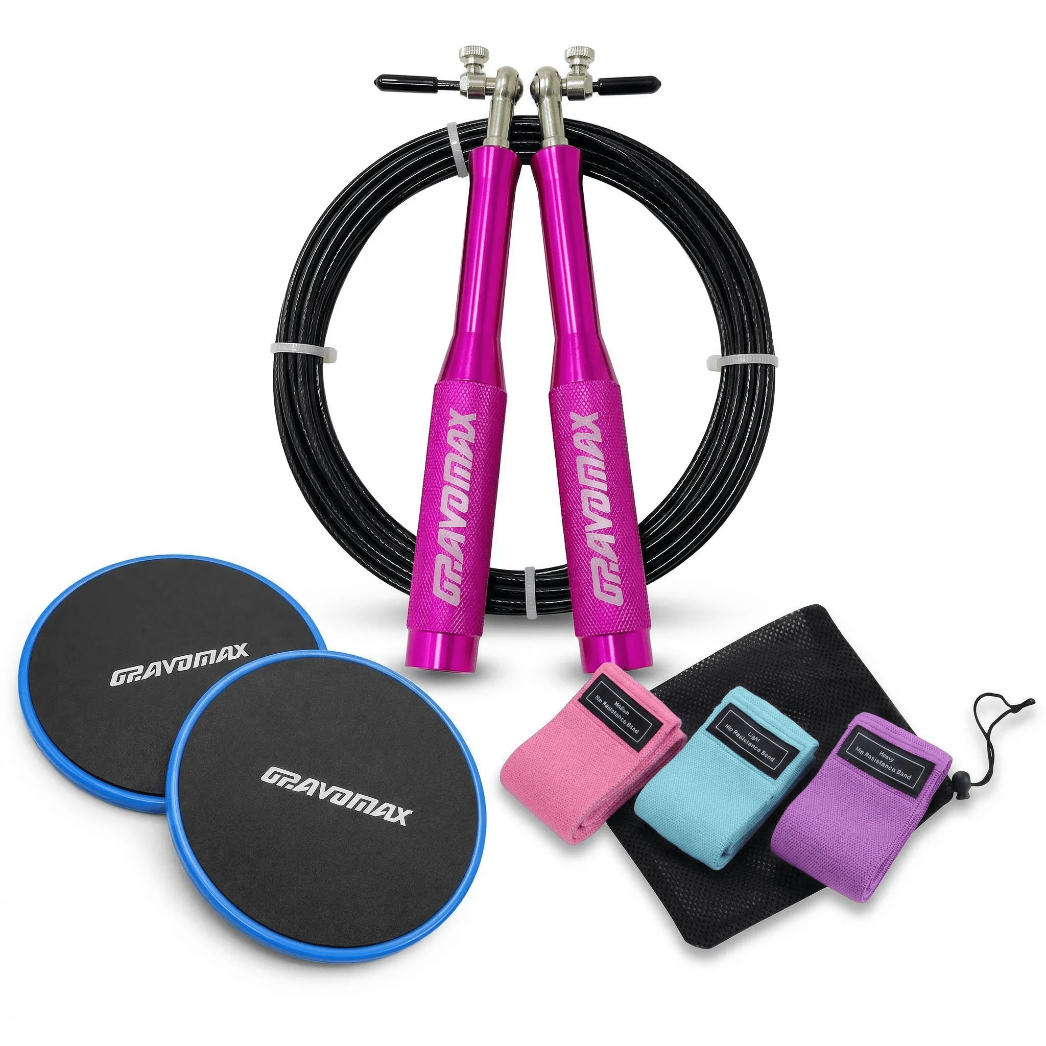 skipping rope with bands GravoMax 3 in 1 ultimate conditioning bundle featuring pink speed rope fabric booty bands and core sliders New Zealand