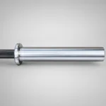 Close-up of polished Olympic barbell sleeve showing smooth chrome finish and collar detail