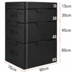 Dimensions showing 90x75cm base and 15 to 60cm height blocks for plyo box