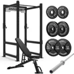 GravoMax commercial power cage set including GM90 rack, FID bench, Nova barbell, and 70kg metal plates