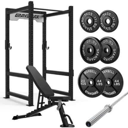 GravoMax commercial power cage set including GM90 rack, FID bench, Nova barbell, and 70kg metal plates