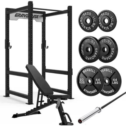 Power Cage with FID Bench and weightlifting Barbell Set