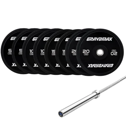 GravoMax 120kg Olympic lifting set featuring 20kg Nova barbell and 100kg black bumper plates
