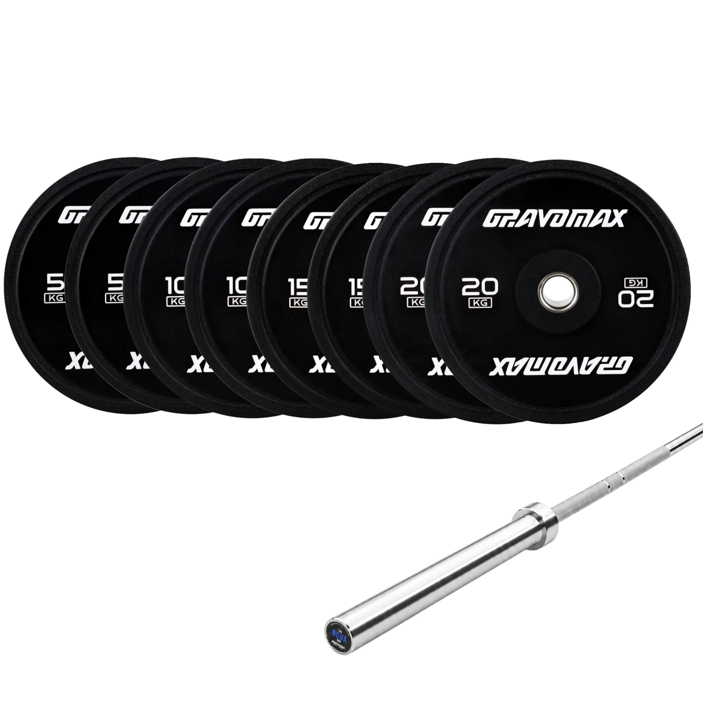100KG Bumper Plates + Nova 20KG Barbell Set by GravoMax GravoMax 120kg Olympic lifting set featuring 20kg Nova barbell and 100kg black bumper plates