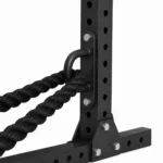 Heavy duty 50mm battle rope anchored through a rack-mounted GravoMax steel loop during workout
