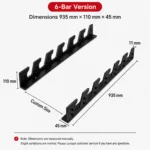 Dimensions of 6-bar capacity horizontal barbell wall rack showing 935mm overall length