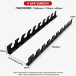 Dimensions of 9-bar capacity horizontal barbell rack showing 1360mm height and adjustable installation width