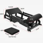 Detailed dimensions of GravoMax hip thrust machine showing 165cm length and 76.5cm wide footplate