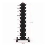 Detailed dimensions of GravoMax 10 tier vertical dumbbell rack showing 155cm height and graduated peg spacing