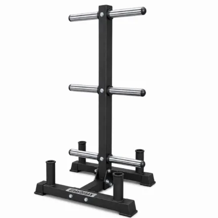GravoMax stationary Olympic weight plate and barbell storage tree with 6 pegs