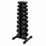 GravoMax vertical storage rack fully loaded with 10 pairs of hex dumbbells