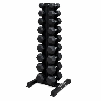 GravoMax vertical storage rack fully loaded with 10 pairs of hex dumbbells