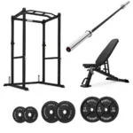 Power cage with FID bench and 80kg weightlifting barbell set