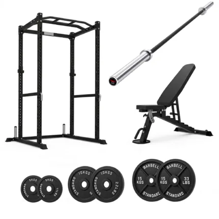 Power cage with FID bench and 80kg weightlifting barbell set