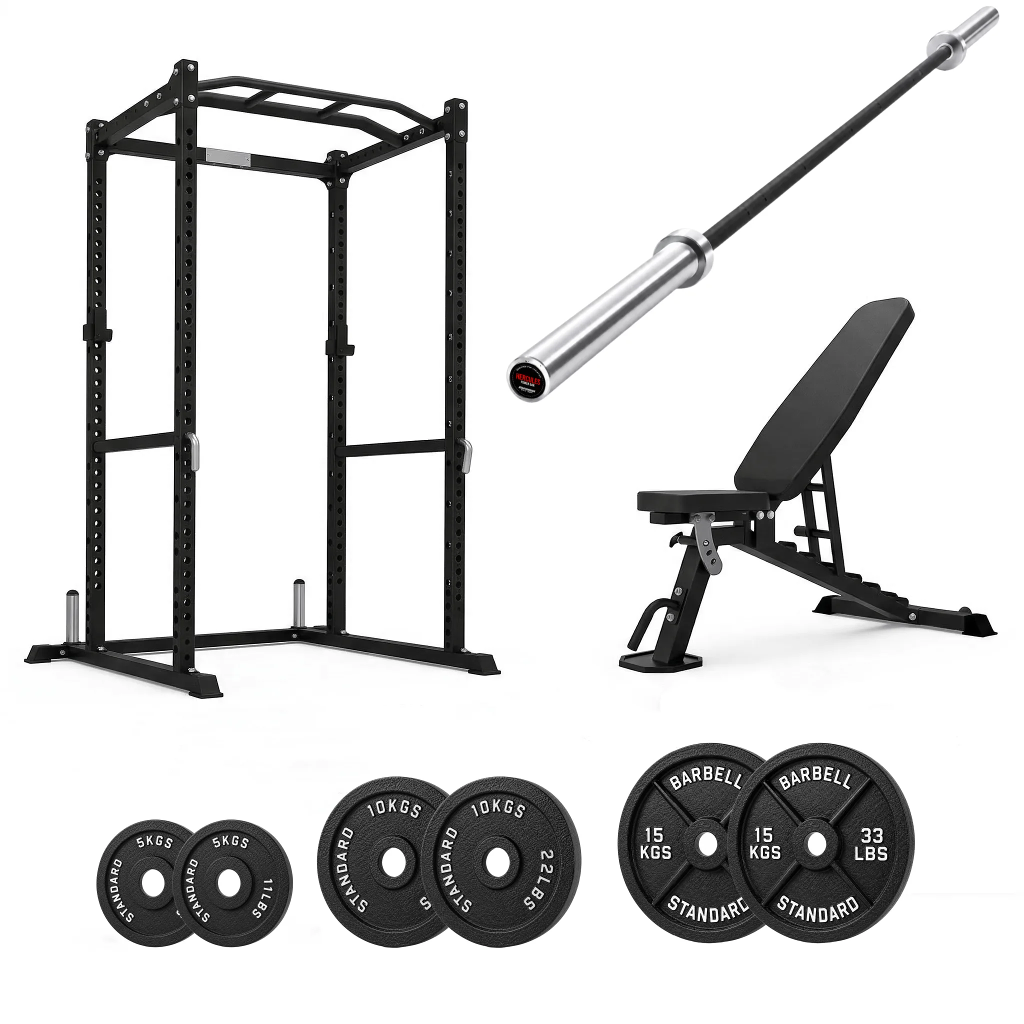 Power cage with FID bench and 80kg weightlifting barbell set Power cage with FID bench and 80kg weightlifting barbell set