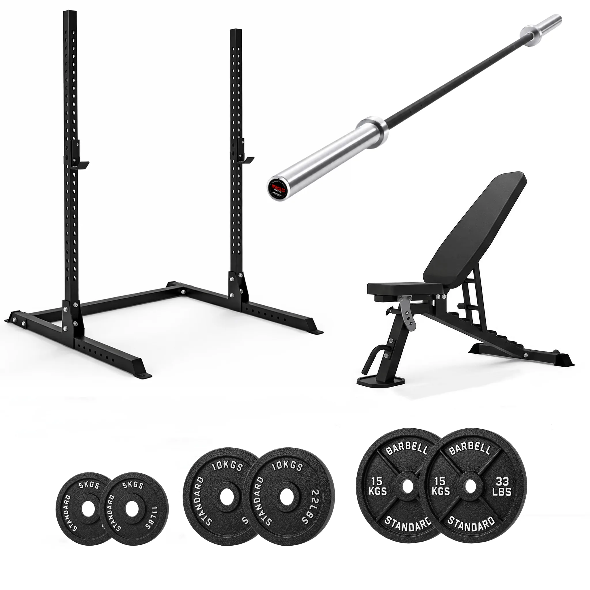 Squat Rack with FID bench and 80kg weightlifting barbell set Squat Rack with FID bench and 80kg weightlifting barbell set